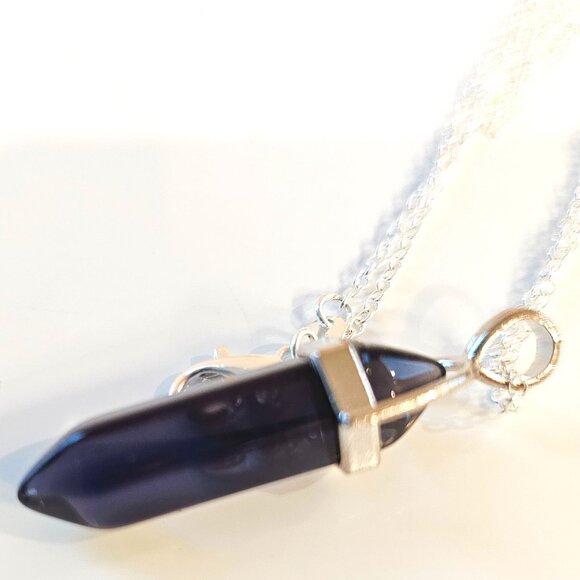 Dark Amethyst Stone Crystal Bullet Point Pendant Necklace Silver Chain 24 in - Picture 2 of 3